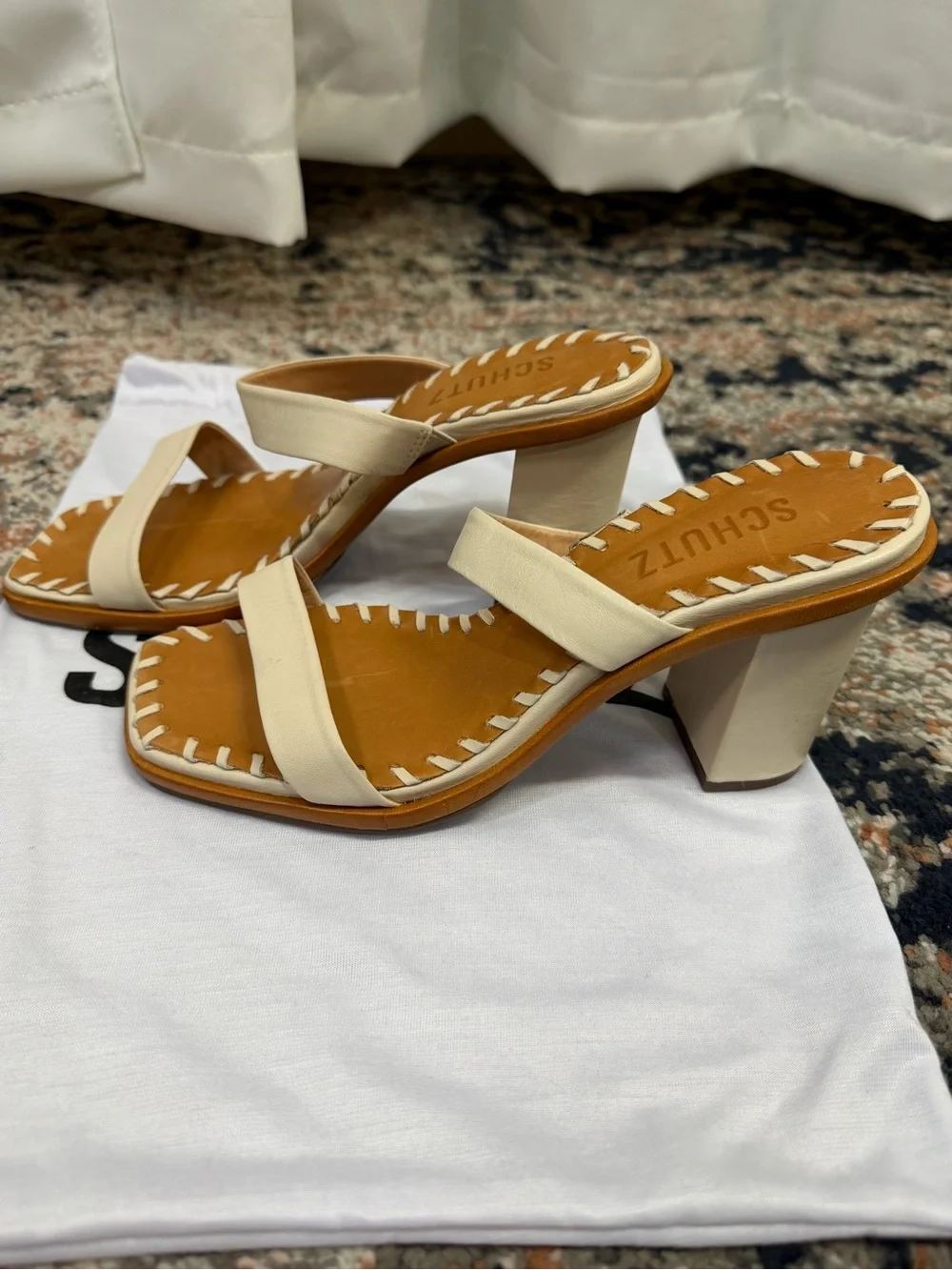SCHUTZ Cream Leather Whipstitch Square Toe Block Heel Sandals Size 6